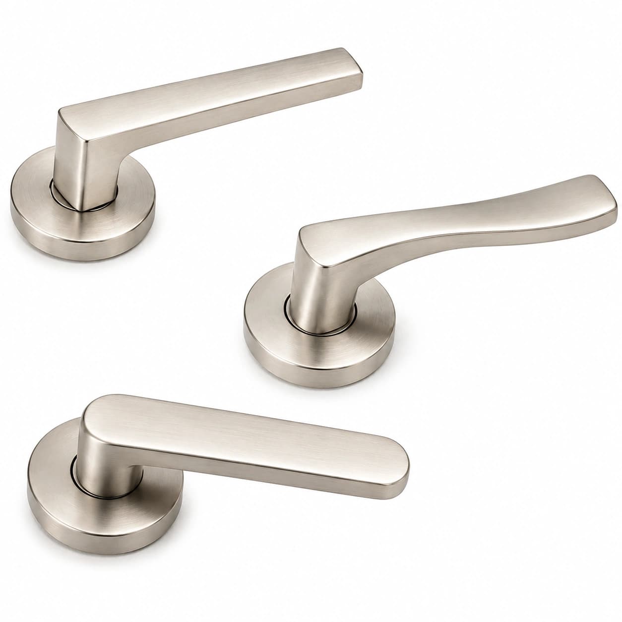Kalos Modern Brushed Nickel Door Lever Set – Round Rosette Collection