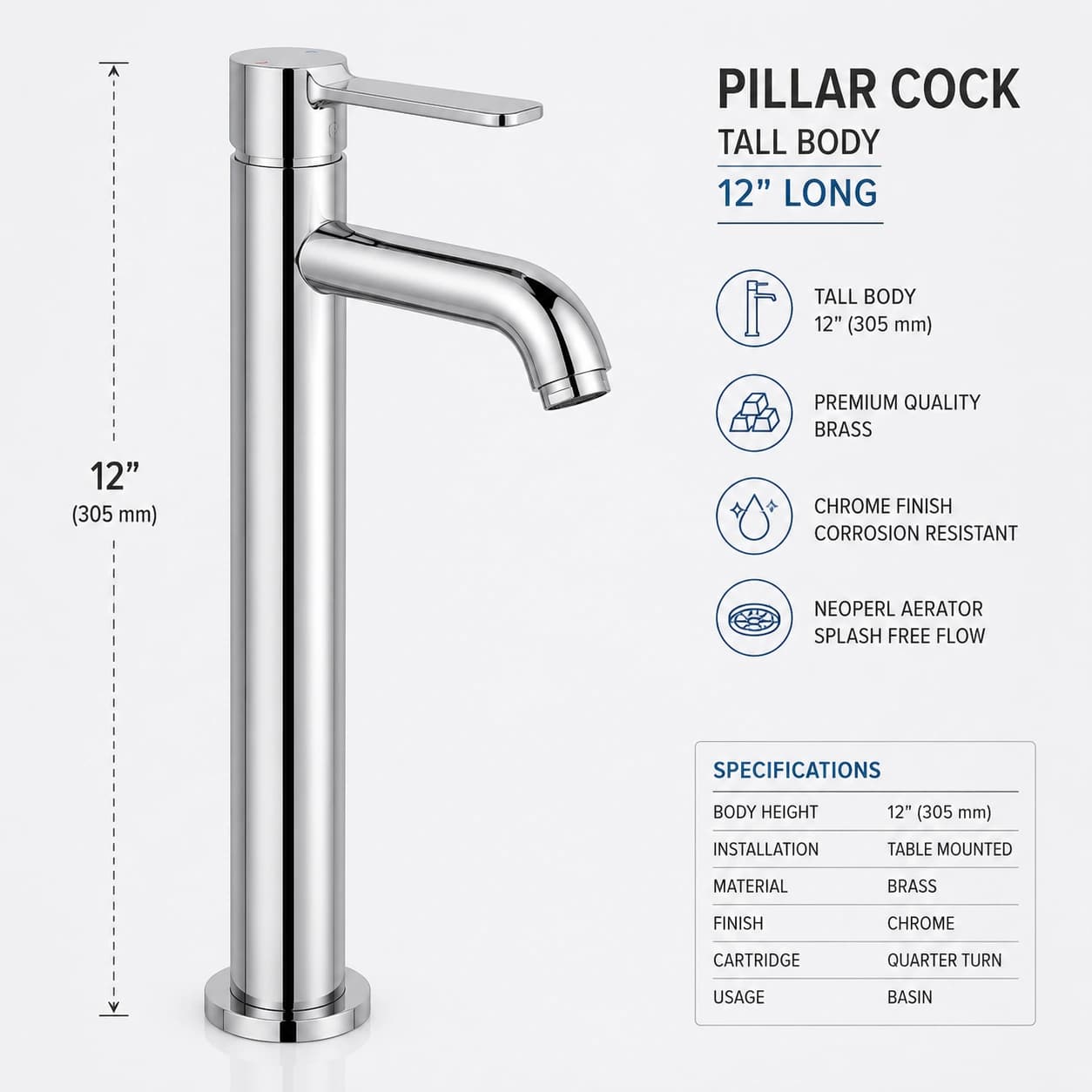 Pillar Cock Tall Body 12" Long