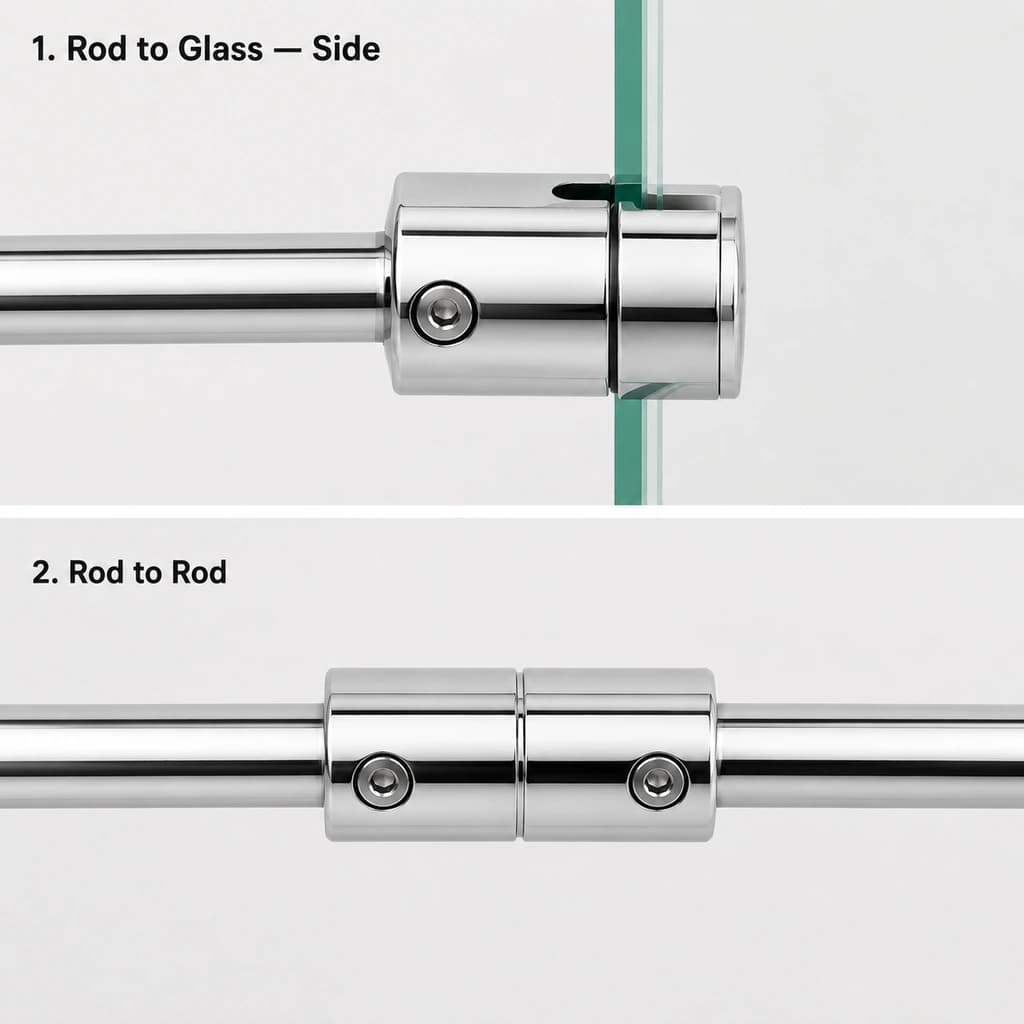 Chrome Shower Rod Connectors – Glass Side & Rod-to-Rod